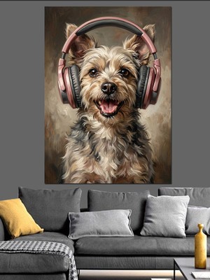 Tablomega Kulaklıklı Müzik Dinleyen Şirin Köpek Dekoratif Kanvas - Mdf Ahşap Tablo
