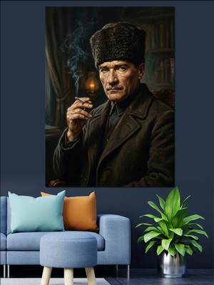 Tablomega Kalpaklı Karizmatik Atatürk Portresi Dekoratif Kanvas - Mdf Ahşap Tablo