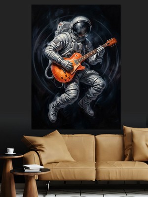 Tablomega Uzayda Gitar Çalan Modern Astronot Dekoratif Kanvas - Mdf Ahşap Tablo