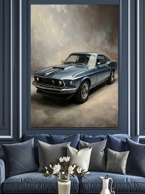 Karizma Tablo Mavi Arka Planda Klasik Mustang Dekoratif Kanvas - Mdf Ahşap Tablo