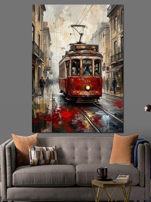Karizma Tablo Yağmurlu Istanbul Sokağı ve Tramvay Dekoratif Kanvas - Mdf Ahşap Tablo