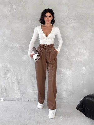Luord - Store Kendinden Ince Kemerli Deri Pantolon Kahve T1178