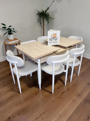 Msy Home 6 Kişilik Lina 80*130 Traverten Açılır Masa Sandalye Seti (Modern Seri)Beyaz Iskelet