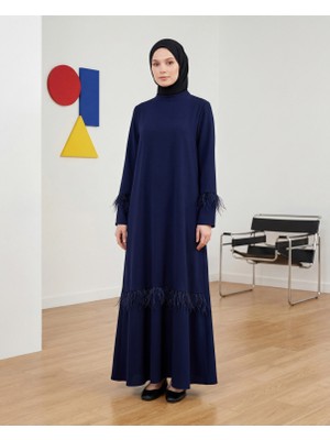 Nevayla Moda Tüy Detaylı Zarif Elbise / Lacivert - E0133