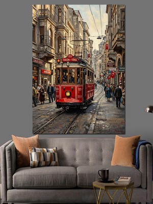 Tablomega Yağmurlu Şehirde Kırmızı Istanbul Tramvayı Dekoratif Kanvas - Mdf Ahşap Tablo