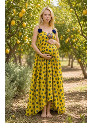 Park Moda Kadın El Işi Nakışlı Keten Hamile Elbisesi Sarı Bohem Askılı Yazlık Elbise