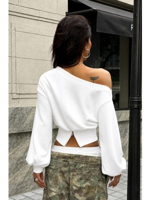 Tarz Cool Kadın Asimetrik Yaka Crop Sweatshirt Omuz Dekolteli Büzgülü Fermuar Detaylı