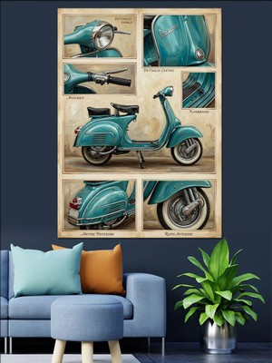 Tablomega Klasik Turkuaz Scooter Motor Kolajı Dekoratif Kanvas - Mdf Ahşap Tablo