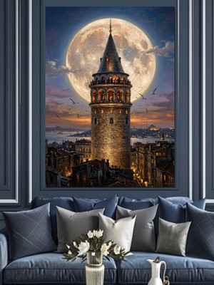Artmeg Dev Dolunay ve Galata Kulesi Dekoratif Kanvas - Mdf Ahşap Tablo
