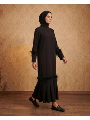 Nevayla Moda Tüy Detaylı Zarif Elbise / Siyah - E0133
