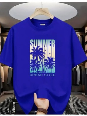 Punix Punıx Büyük Beden Özel Tasarım Summer Baskılı Yeni Sezon Yazlık Erkek Saks Mavi T-Shırt