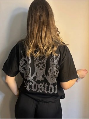 Violon Taş Işlemeli Hardstone Desenli Siyah Oversize Kadın T-Shirt Kısa Kol Pamuk-Polyester