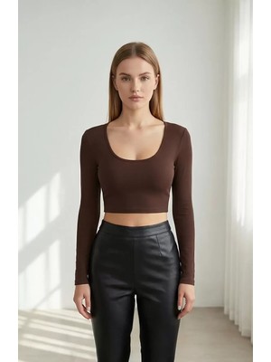 Luord - Store Kadın Kahverengi Uzun Kol Kare Yaka Crop Top Bluz – Şık, Rahat ve Kolay Kombinlenebilir