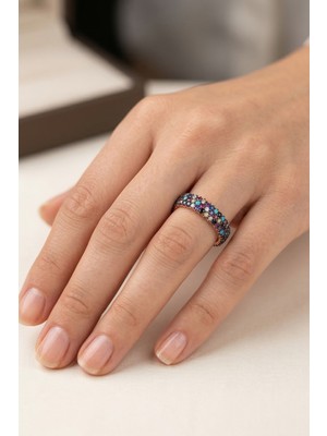 Söğütlü Silver 925 Ayar Gümüş Yüzük 3 Sıra Renkli Taşlı Işıltılı Tamtur Yüzük - Gökkuşağı Rainbow Rose Alyans