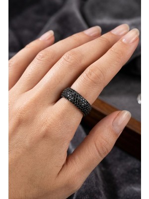 Söğütlü Silver 925 Ayar Gümüş Yüzük 5 Sıra Siyah Zirkon Taşlı Kalın Tamtur Yüzük - Lüks Rose Gold Kaplama Alyans