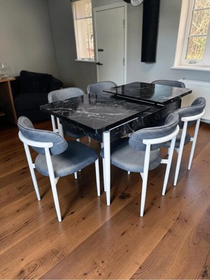 Msy Home 6 Kişilik Lina 80*130 Siyah Mermer Açılır Masa Sandalye Seti (Modern Seri)Beyaz Iskelet