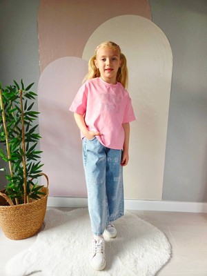Kız Çocuk Kristal Taş Detaylı Taşlanmış Jean ve %100 Pamuk Tişört Kombin - Barbie Stil
