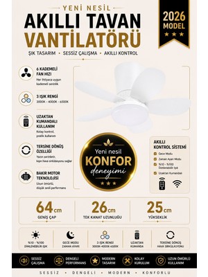Kılıforyum Yeni Nesil Tavan Vantilatörü 64 cm Toplam Çap – 6 Kademeli, 3 Işık Renkli, Kumandalı, Sessiz Fan (Tavana Vidalı Montaj)Avize