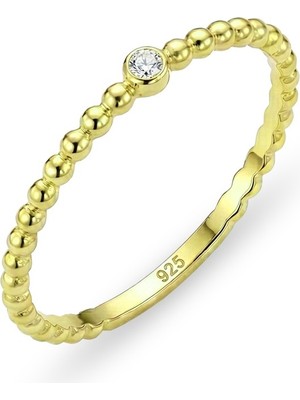 Söğütlü Silver 925 Ayar Gümüş Yüzük Altın Kaplama Gold Ince Top Boncuklu Tek Taş Yüzük - Minimalist Tasarım