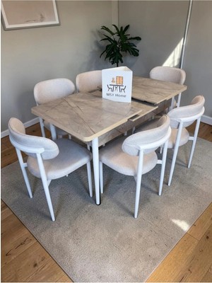 Msy Home 6 Kişilik Lina 80*130 Gordiyon Açılır Masa Sandalye Seti (Modern Seri)Beyaz Iskelet