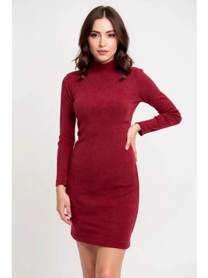 Luord - Store Kadın Bordo Kaşkorse Balıkçı Yaka Uzun Kollu Bodycon Mini Elbise – Şık, Rahat ve 4 Mevsim
