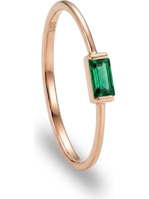 Söğütlü Silver 925 Ayar Gümüş Yüzük Rose Kaplama Zümrüt Yeşili Minimalist Baget Taşlı Yüzük