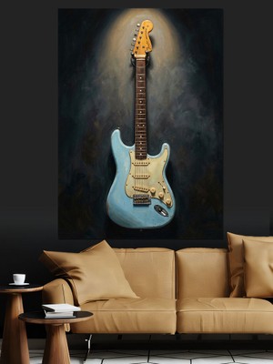 Tablomega Siyah Fonda Parlayan Mavi Gitar Dekoratif Kanvas - Mdf Ahşap Tablo