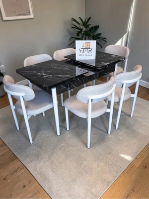 Msy Home 6 Kişilik Lina 80*130 Siyah Mermer Açılır Masa Sandalye Seti (Modern Seri)Beyaz Iskelet