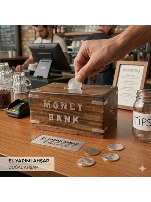 Direkstoktan El Yapımı Doğal Ahşap Kumbara & Tip Box - Metal Işlemeli / Money Bank Tip Box / Natural Wooden Piggy Bank