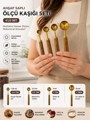 Allwin Ölçü Kaşığı Seti 4 Parça – Ahşap Saplı Metal Kahve Kaşığı , Ölçü Kaşığı Seti, Baharat Ölçü Kaşığı Mutfak Ölçü Seti Yemek Ölçü Kaşığı Barista Ekipmanları Kahve Aksesuarları Baking Tools Ölçü Kaşığı
