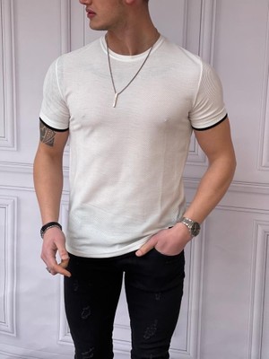 Modefendicom Slim Fit Örgü Desen  Pamuklu Parçalı Tshırt