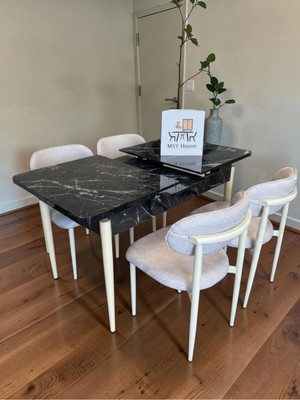 Msy Home 4 Kişilik Lina 80*130 Siyah Mermer Açılır Masa Sandalye Seti (Modern Seri)Krem Iskelet