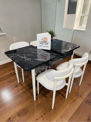 Msy Home 4 Kişilik Lina 80*130 Siyah Mermer Açılır Masa Sandalye Seti (Modern Seri)Krem Iskelet
