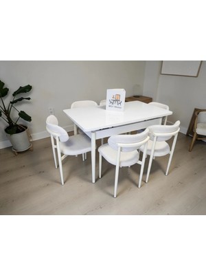 Msy Home 6 Kişilik Lina 80*130 Beyaz Açılır Masa Sandalye Seti (Modern Seri)Krem Iskelet