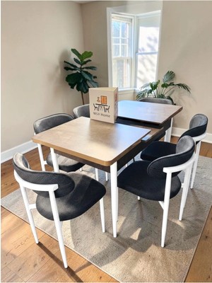 Msy Home 6 Kişilik Lina 80*130 Gordiyon Açılır Masa Sandalye Seti (Modern Seri)Beyaz Iskelet