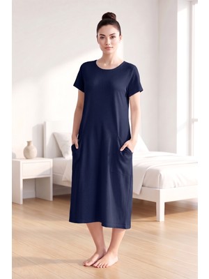 Remsa Kadın Kısa Kol Cep Detay Viskon Elbise Pijama 25234-4 Lacivert