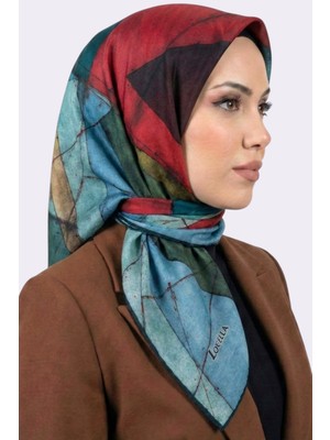 Hadiora Kadın Mavi Kırmızı Geometrik Desenli Organik Pamuk Soft Eşarp