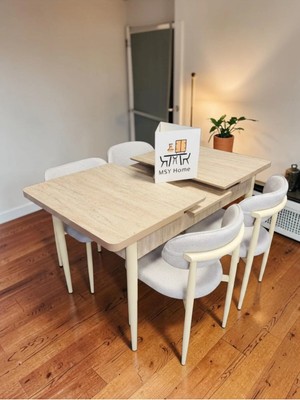 Msy Home 4 Kişilik Lina 80*130 Traverten Açılır Masa Sandalye Seti (Modern Seri)Krem Iskelet