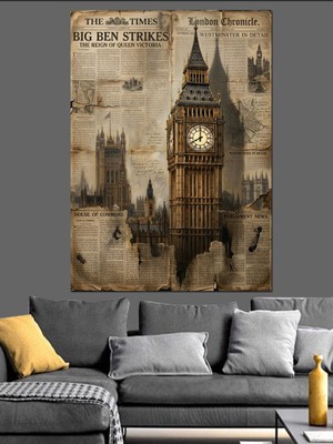 Artmeg Gazete Baskılı Big Ben Saat Kulesi Dekoratif Kanvas - Mdf Ahşap Tablo
