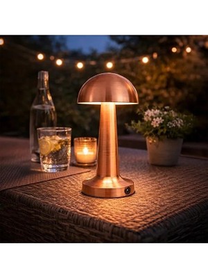 Elif Aksesuar Masa Üstü Lamba - Ledli Masa Lambası - Şarjlı Mantar Gece Lambası LED Abajur - Bronz Renk - 25CM