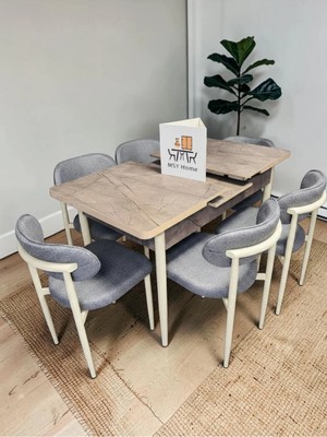 Msy Home 6 Kişilik Lina 80*130 Gordiyon Açılır Masa Sandalye Seti (Modern Seri)Krem Iskelet