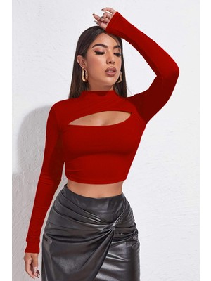 Kadın Kırmızı Göğüs Dekolteli Uzun Kollu Cut Out Crop Top Bluz Mariposa Secret