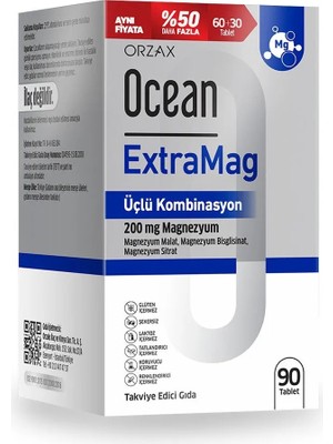 Ocean Extramag 90 Tablet Üçlü Kombinasyon Magnezyum Takviye Edici Gıda