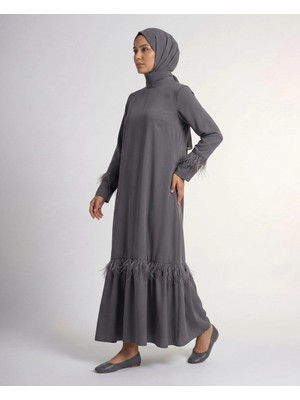 Nevayla Moda Tüy Detaylı Zarif Elbise / Gri - E0133