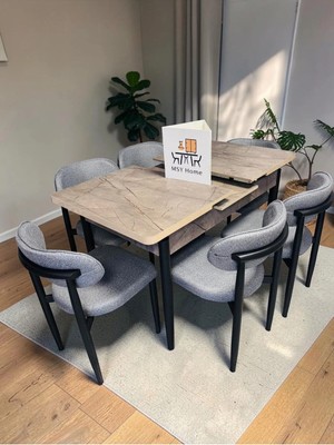 Msy Home 6 Kişilik Lina 80*130 Gordiyon Açılır Masa Sandalye Seti (Modern Seri) Siyah Iskelet