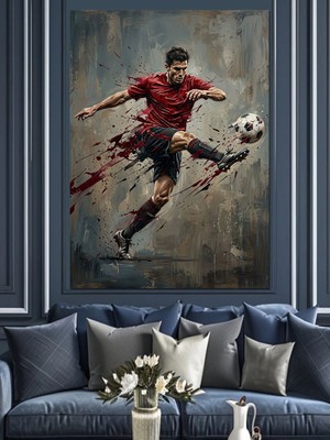 Artmeg Havada Futbol Topuna Vuran Oyuncu Dekoratif Kanvas - Mdf Ahşap Tablo
