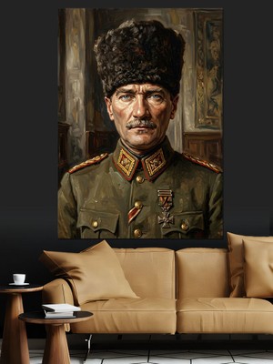 Artmeg Kalpaklı Mustafa Kemal Atatürk Portresi Dekoratif Kanvas - Mdf Ahşap Tablo