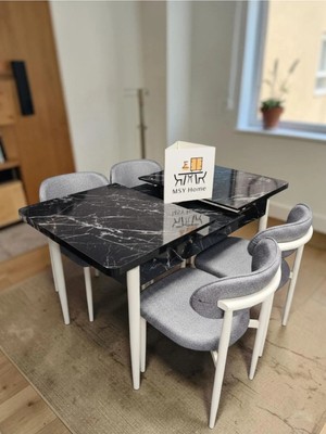 Msy Home 4 Kişilik Lina 80*130 Siyah Mermer Açılır Masa Sandalye Seti (Modern Seri)Krem Iskelet