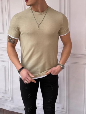 Modefendicom Slim Fit Örgü Desen  Pamuklu Parçalı Tshırt