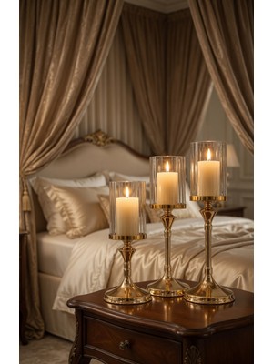 Be-Lis Lumina Gold Royale Şamdan Seti Sırasıyla 39 - 34 - 29CM / Dekoratif Masa Şamdanı Salon & Yemek Masası Mumluk